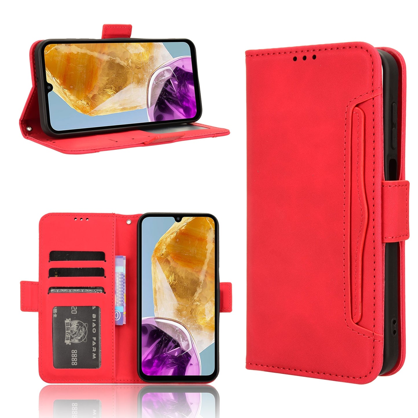 Samsung Galaxy M15 5G Skin Feel PU Leather Wallet Phone Case with Card Slots, Cash Pocket, Magnetic Closure, Built-In Stand, Full Protection TPU Cover