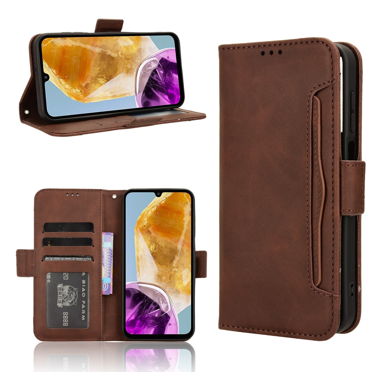 Samsung Galaxy M15 5G Skin Feel PU Leather Wallet Phone Case with Card Slots, Cash Pocket, Magnetic Closure, Built-In Stand, Full Protection TPU Cover