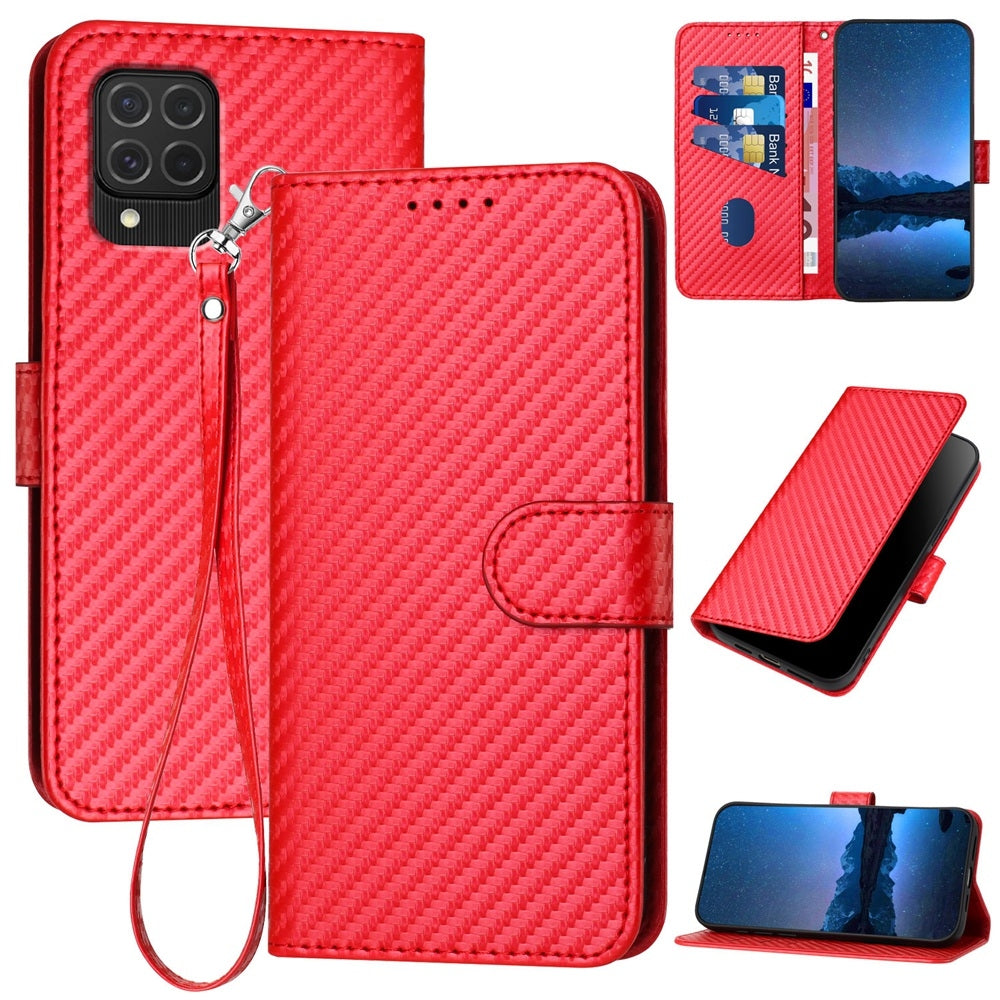 Samsung Galaxy F62 Carbon Fiber Buckle Leather Phone Case with Lanyard, PU Leather TPU Wallet Cover with Card Slot, Cash Compartment, Stand Function & Scratch Protection