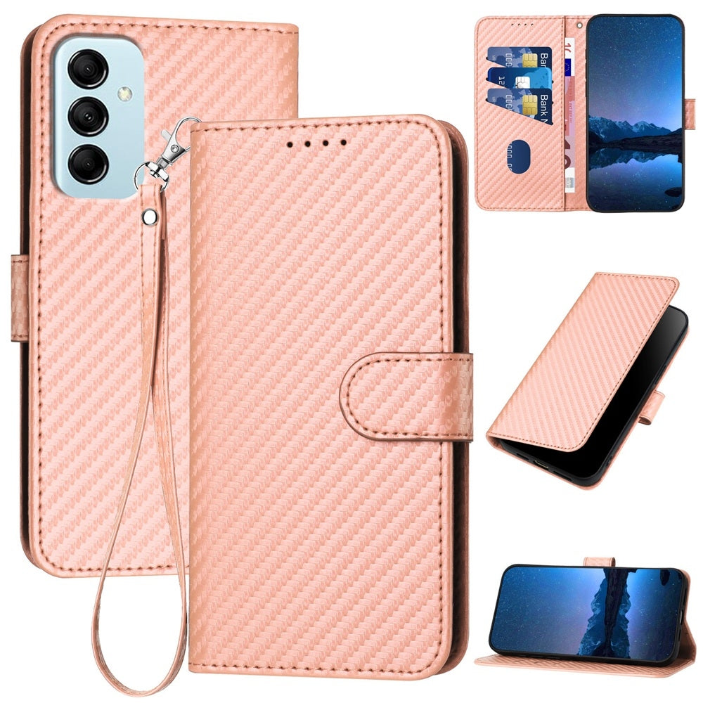 Samsung Galaxy M14 5G Carbon Fiber Buckle Leather Phone Case with Lanyard, PU Leather TPU Wallet Cover with Card Slot, Cash Compartment, Stand Function & Scratch Protection