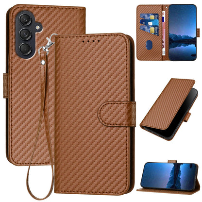 Samsung Galaxy M35 Carbon Fiber Buckle Leather Phone Case with Lanyard, PU Leather TPU Wallet Cover with Card Slot, Cash Compartment, Stand Function & Scratch Protection