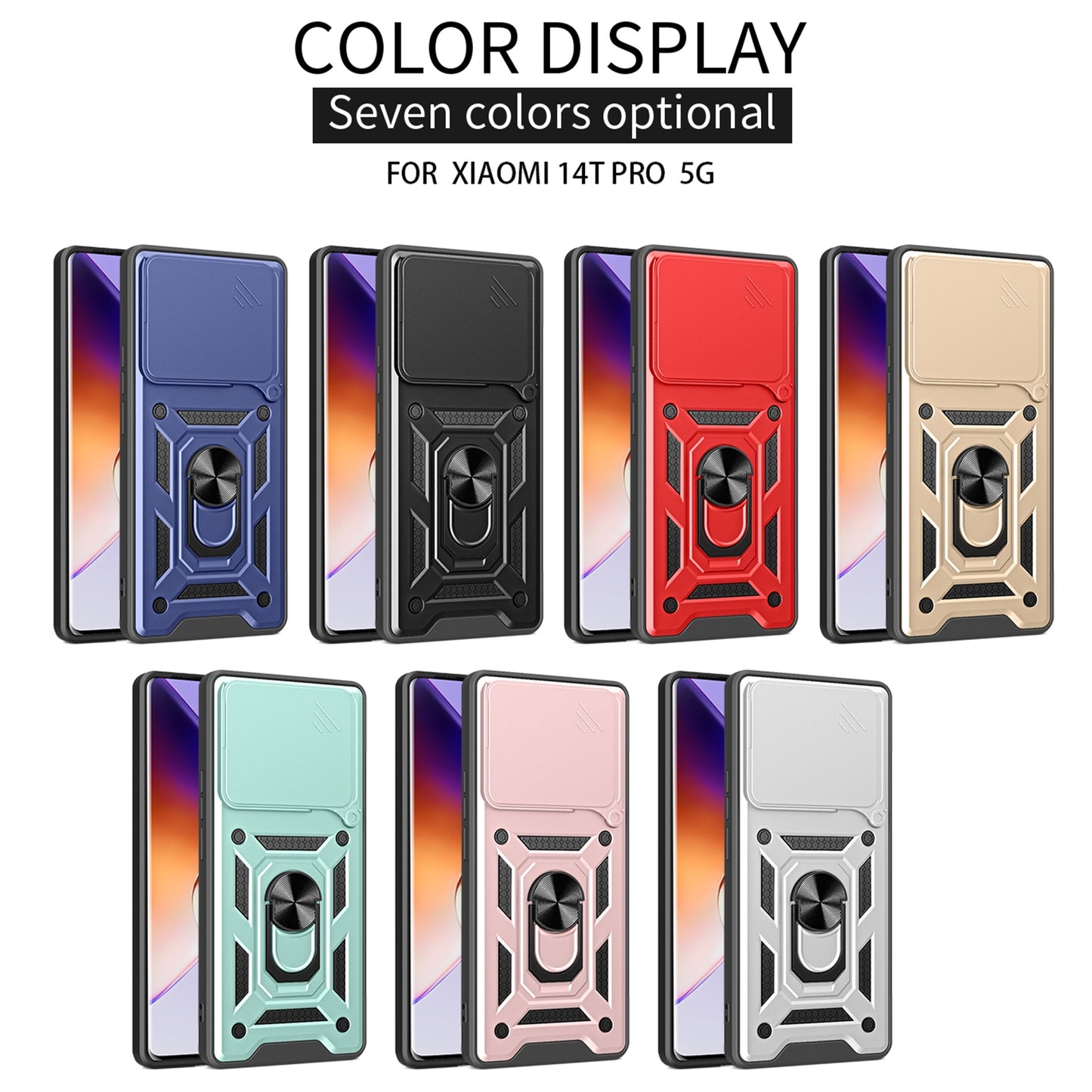 Xiaomi 14T Pro 5G Sliding Camera Cover Magnetic Ring Stand Shockproof TPU + PC Protective Phone Case