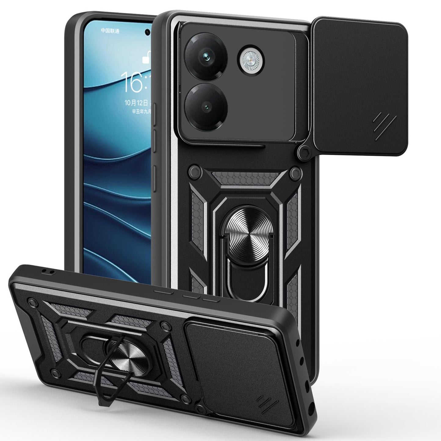 Xiaomi Poco M7 Pro 5G Sliding Camera Cover Magnetic Ring Stand Shockproof TPU + PC Protective Phone Case