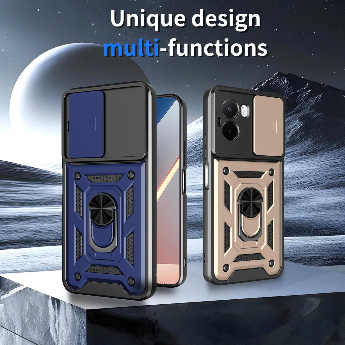 Xiaomi Poco M7 4G 169mm Sliding Camera Cover Magnetic Ring Stand Shockproof TPU + PC Protective Phone Case