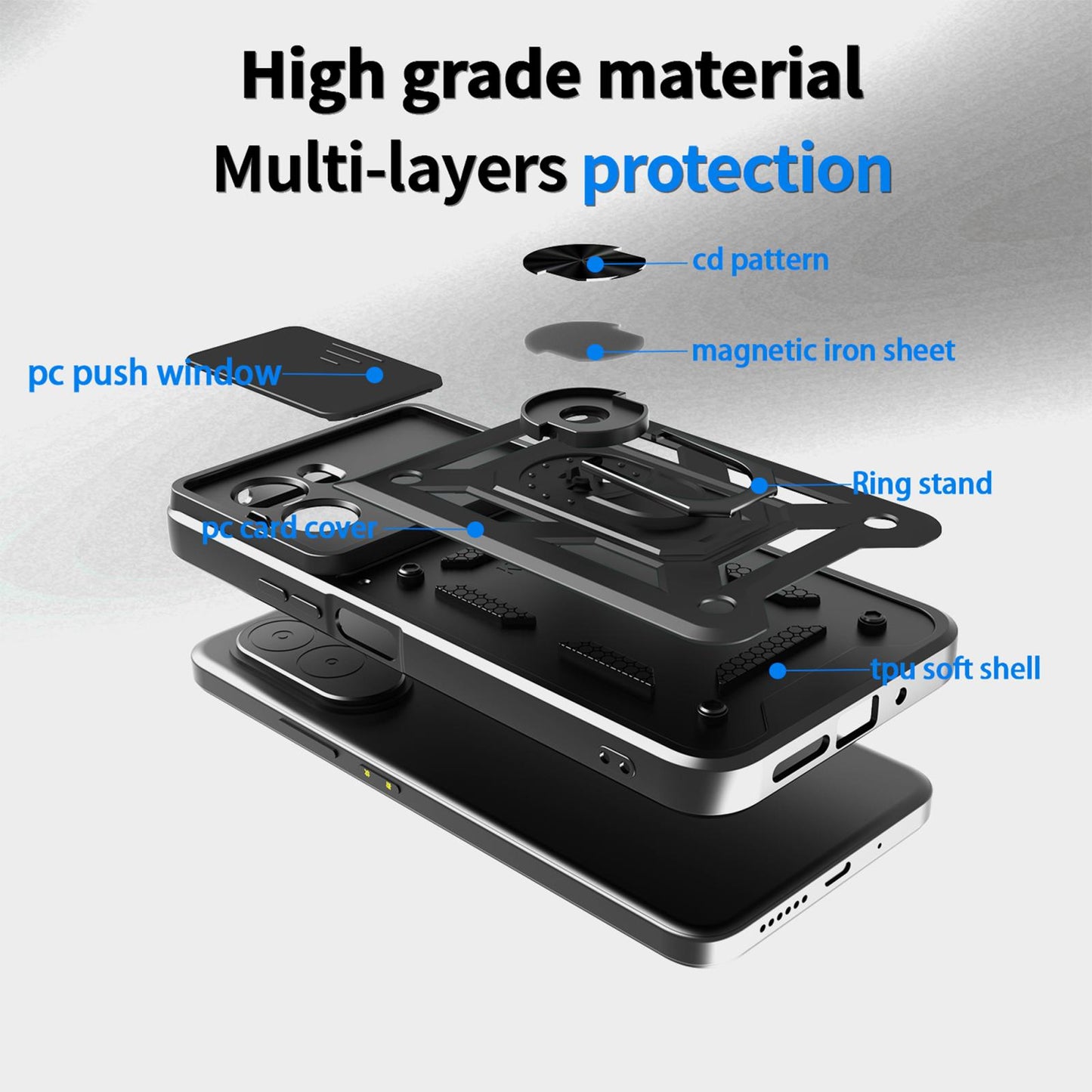 Xiaomi Poco M7 4G 169mm Sliding Camera Cover Magnetic Ring Stand Shockproof TPU + PC Protective Phone Case