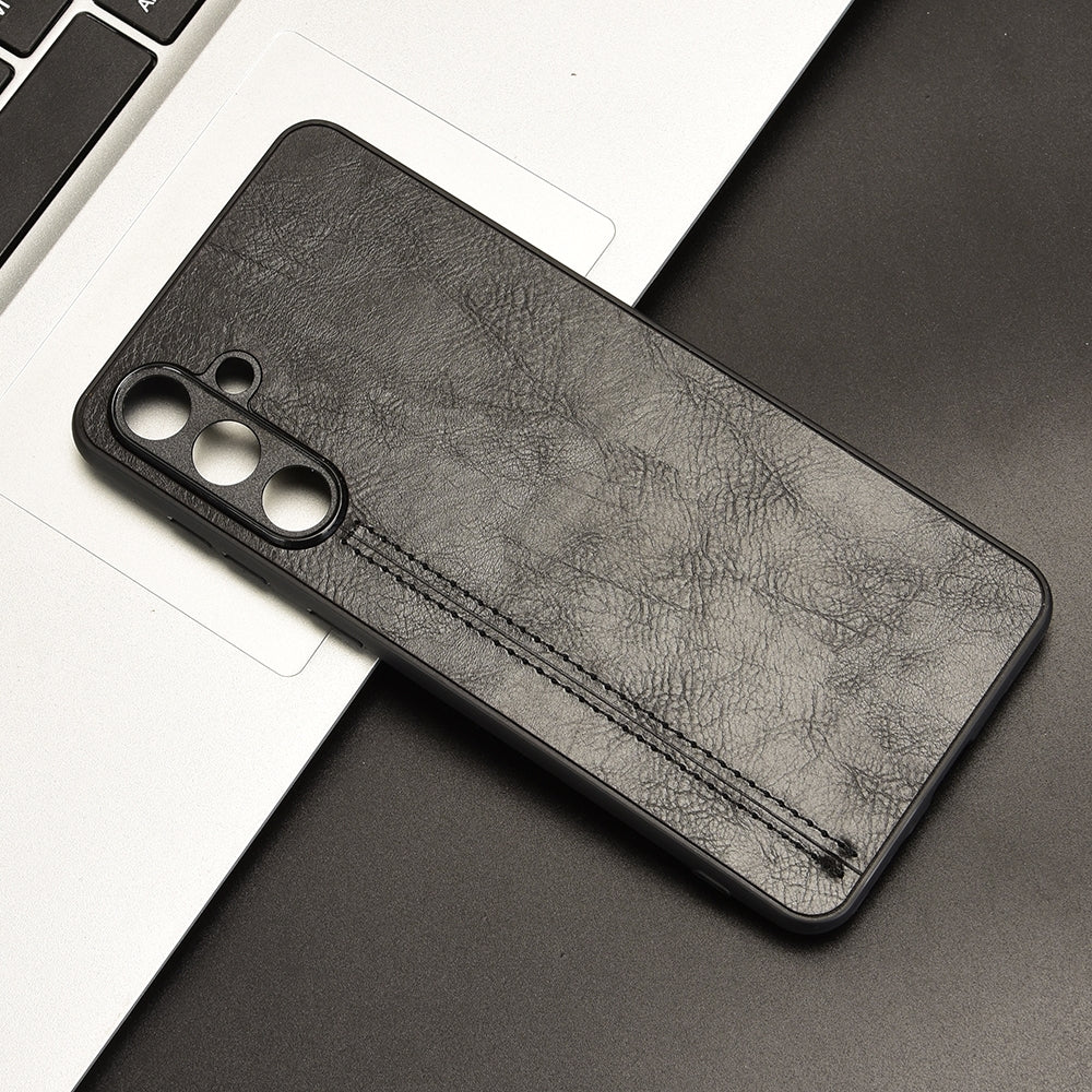 Samsung Galaxy F55 Cow Pattern Sewing Back Cover Phone Case - Premium PU Leather Texture PC + TPU Shockproof Protective Case, Scratch Resistant Slim Lightweight Anti-Fingerprint Full Coverage Mobile Cover
