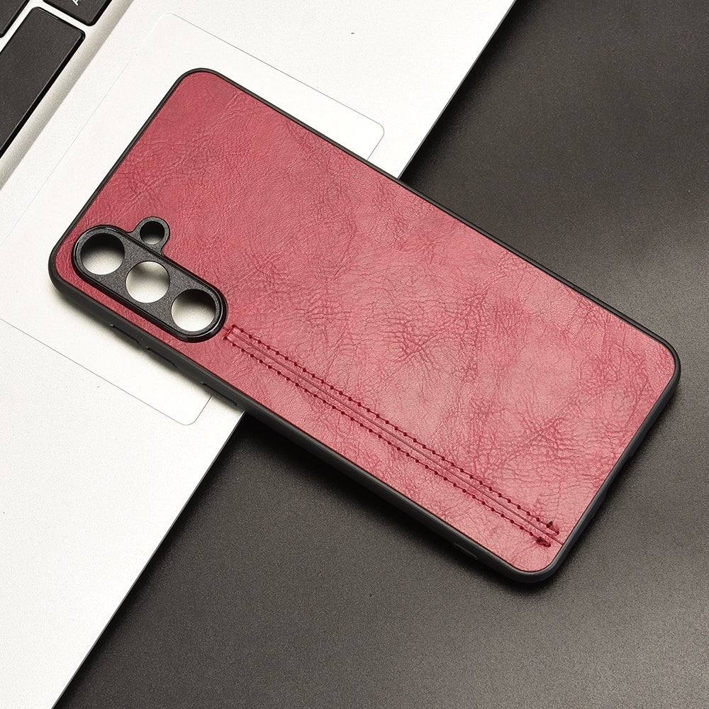 Samsung Galaxy M55 Cow Pattern Sewing Back Cover Phone Case - Premium PU Leather Texture PC + TPU Shockproof Protective Case, Scratch Resistant Slim Lightweight Anti-Fingerprint Full Coverage Mobile Cover