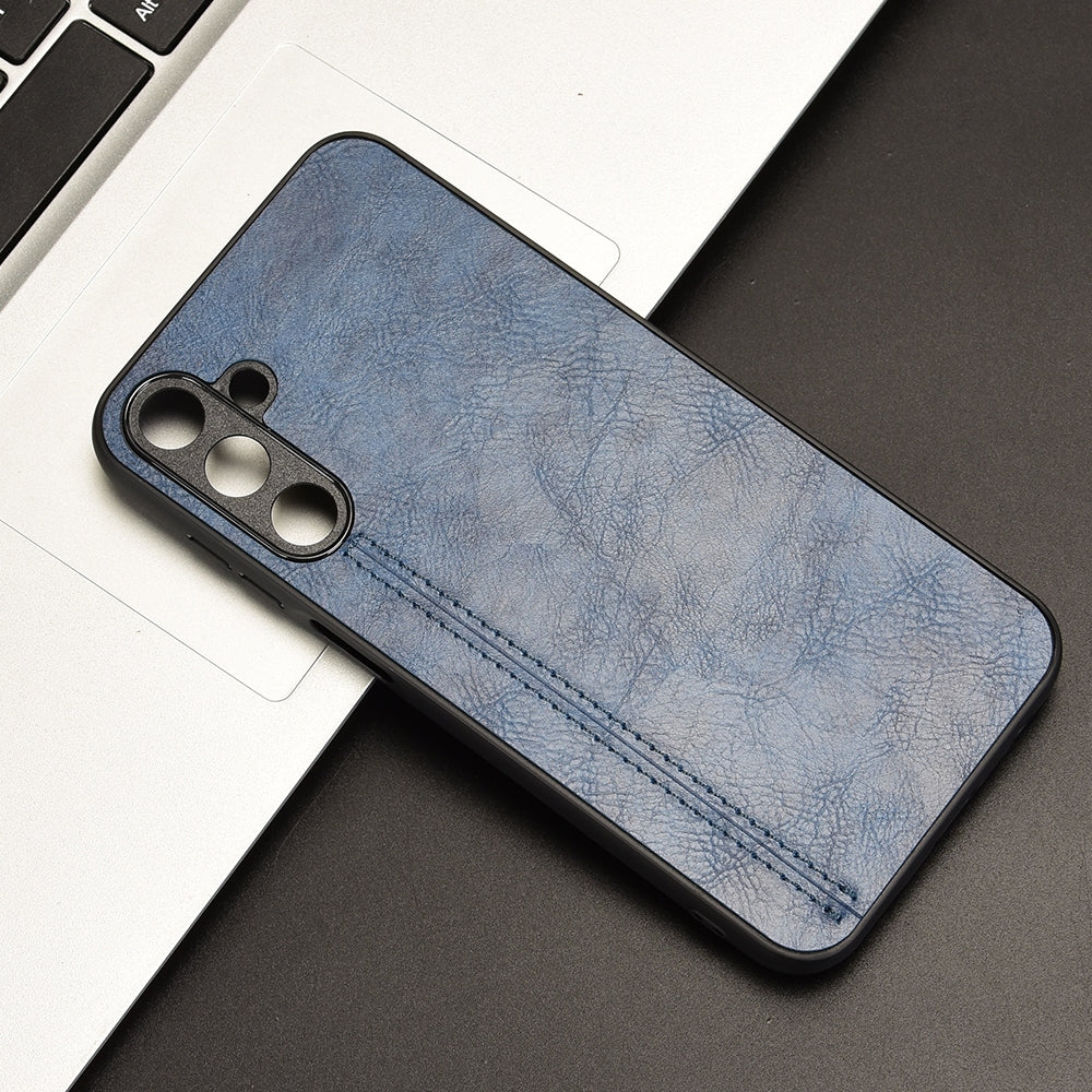 Samsung Galaxy M15 Cow Pattern Sewing Back Cover Phone Case - Premium PU Leather Texture PC + TPU Shockproof Protective Case, Scratch Resistant Slim Lightweight Anti-Fingerprint Full Coverage Mobile Cover