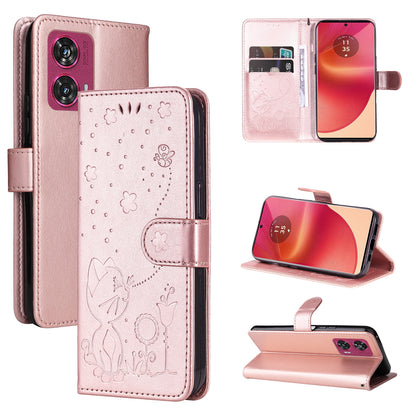For Motorola Edge 50 Fusion Cat and Bee Embossed Flip Leather Phone Case Wallet Cover with Card Slots Cash Pocket Magnetic Stand Protective Shockproof TPU PU Leather Case with Wrist Strap