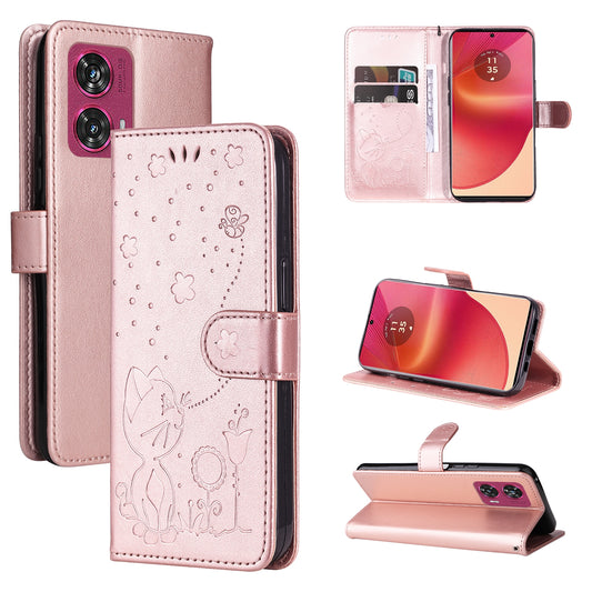 For Motorola Edge 50 Fusion Cat and Bee Embossed Flip Leather Phone Case Wallet Cover with Card Slots Cash Pocket Magnetic Stand Protective Shockproof TPU PU Leather Case with Wrist Strap
