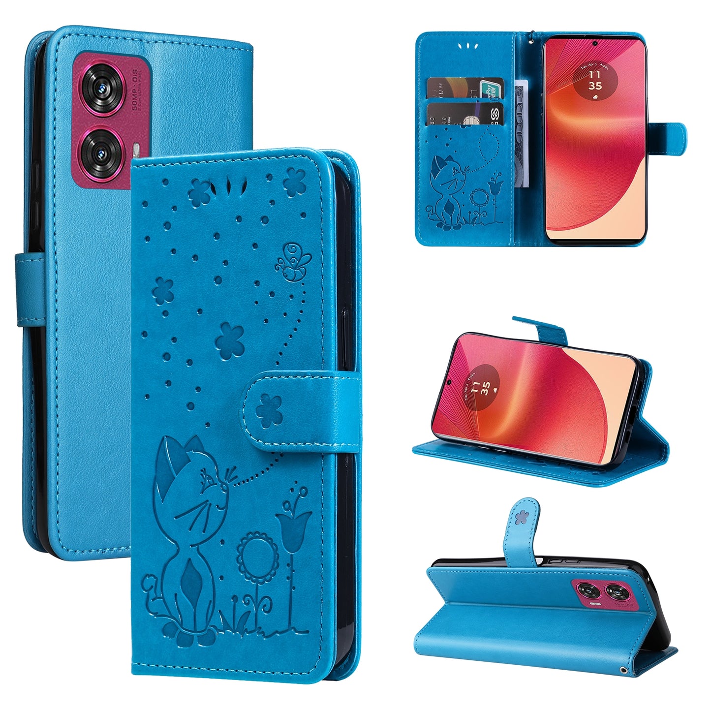 For Motorola Edge 50 Fusion Cat and Bee Embossed Flip Leather Phone Case Wallet Cover with Card Slots Cash Pocket Magnetic Stand Protective Shockproof TPU PU Leather Case with Wrist Strap