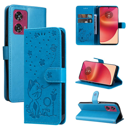For Motorola Edge 50 Fusion Cat and Bee Embossed Flip Leather Phone Case Wallet Cover with Card Slots Cash Pocket Magnetic Stand Protective Shockproof TPU PU Leather Case with Wrist Strap