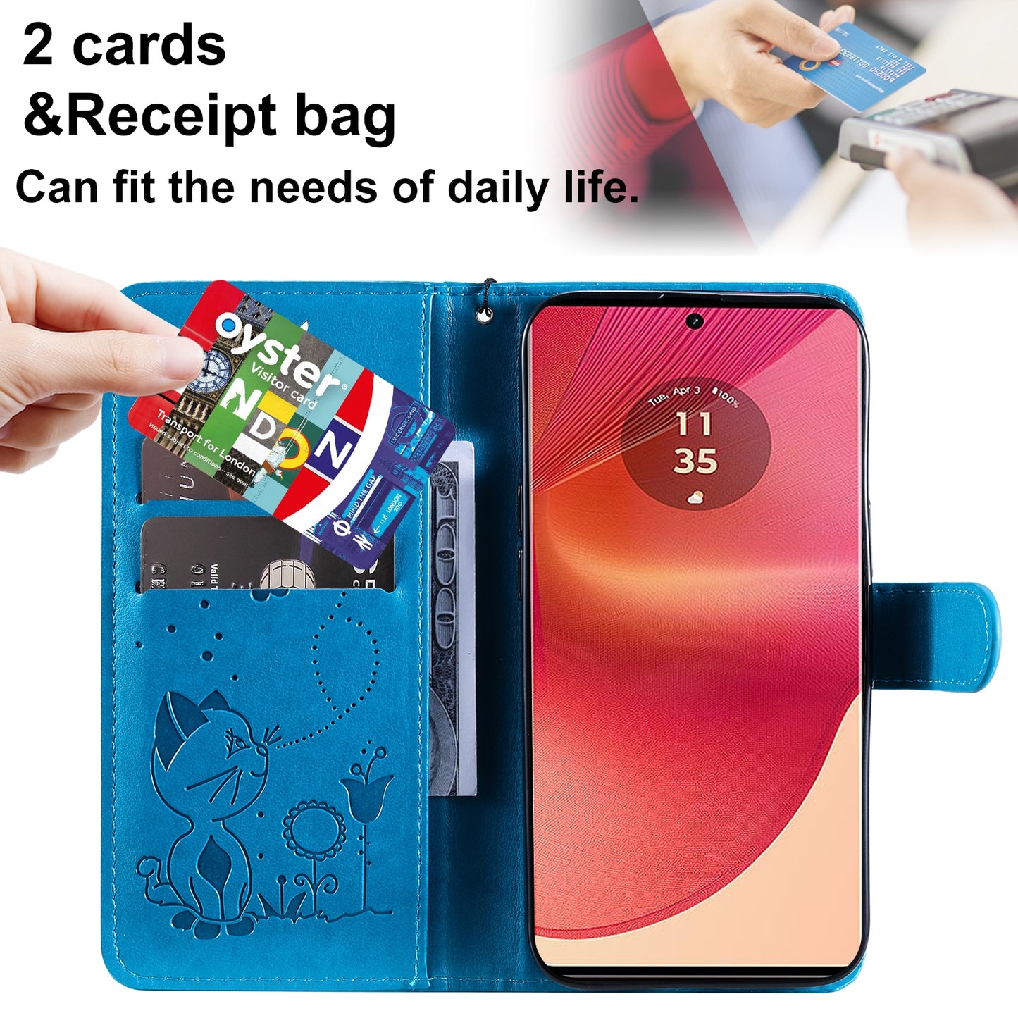 For Motorola Edge 50 Fusion Cat and Bee Embossed Flip Leather Phone Case Wallet Cover with Card Slots Cash Pocket Magnetic Stand Protective Shockproof TPU PU Leather Case with Wrist Strap