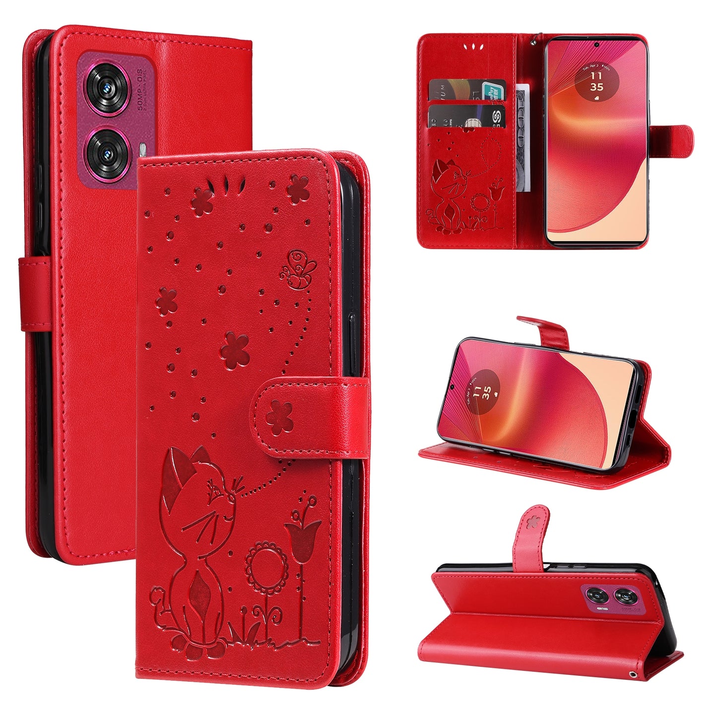 For Motorola Edge 50 Fusion Cat and Bee Embossed Flip Leather Phone Case Wallet Cover with Card Slots Cash Pocket Magnetic Stand Protective Shockproof TPU PU Leather Case with Wrist Strap