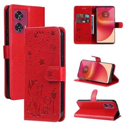 For Motorola Edge 50 Fusion Cat and Bee Embossed Flip Leather Phone Case Wallet Cover with Card Slots Cash Pocket Magnetic Stand Protective Shockproof TPU PU Leather Case with Wrist Strap