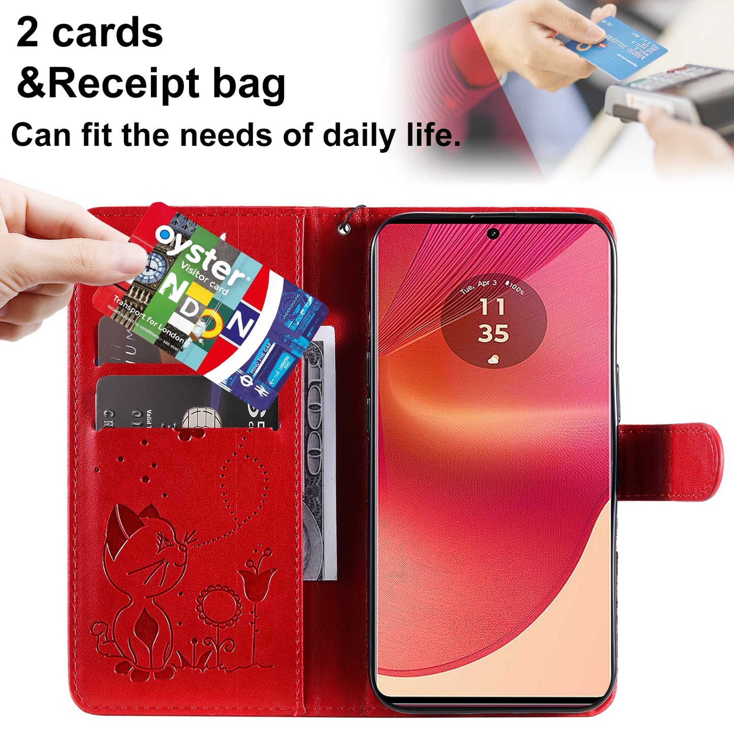 For Motorola Edge 50 Fusion Cat and Bee Embossed Flip Leather Phone Case Wallet Cover with Card Slots Cash Pocket Magnetic Stand Protective Shockproof TPU PU Leather Case with Wrist Strap