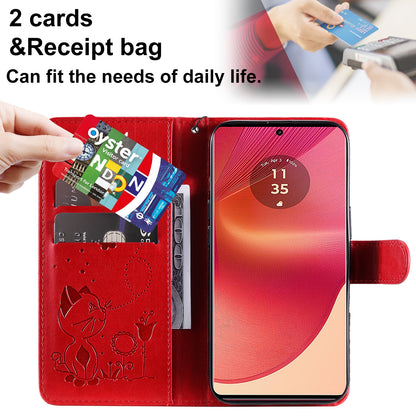 For Motorola Edge 50 Fusion Cat and Bee Embossed Flip Leather Phone Case Wallet Cover with Card Slots Cash Pocket Magnetic Stand Protective Shockproof TPU PU Leather Case with Wrist Strap