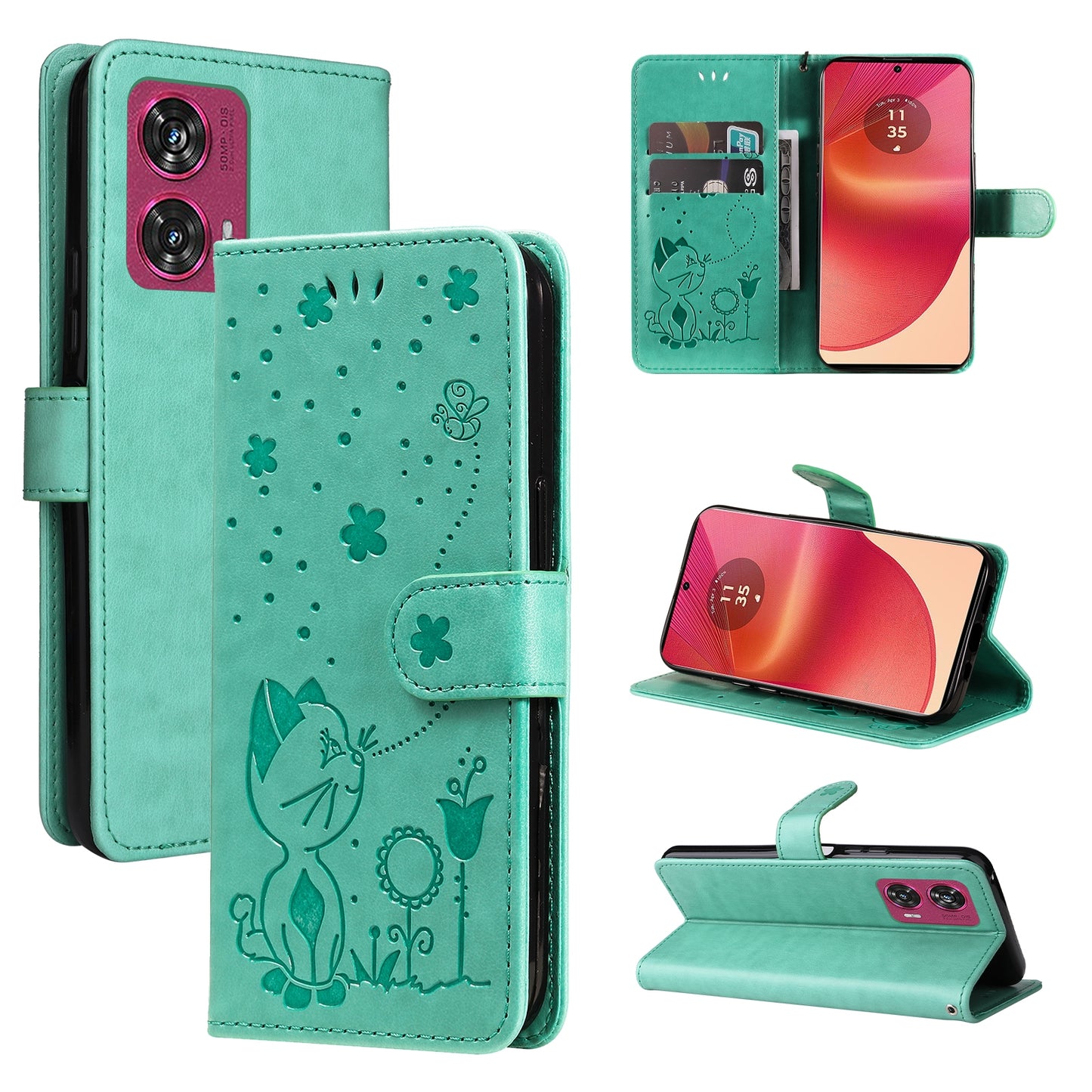For Motorola Edge 50 Fusion Cat and Bee Embossed Flip Leather Phone Case Wallet Cover with Card Slots Cash Pocket Magnetic Stand Protective Shockproof TPU PU Leather Case with Wrist Strap