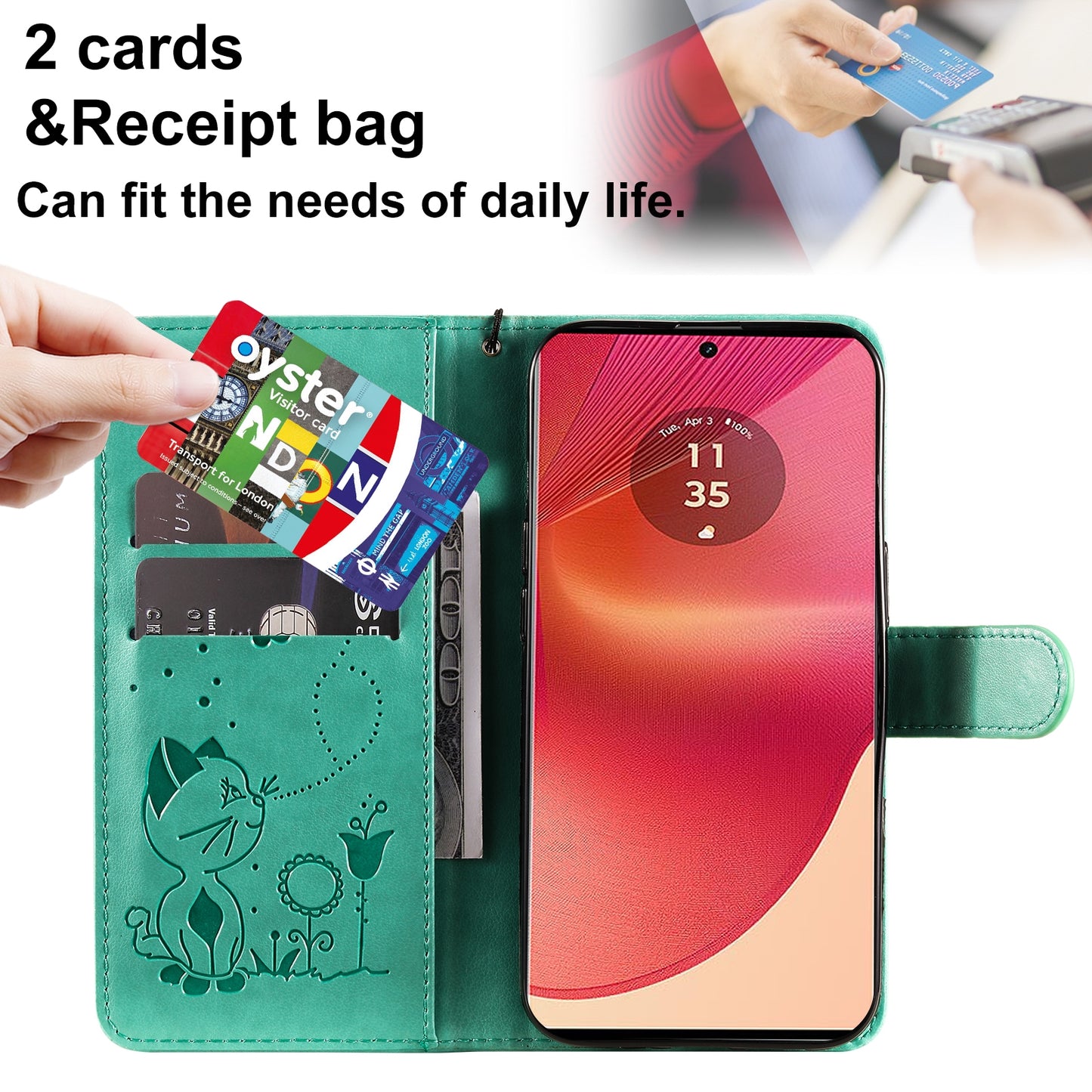 For Motorola Edge 50 Fusion Cat and Bee Embossed Flip Leather Phone Case Wallet Cover with Card Slots Cash Pocket Magnetic Stand Protective Shockproof TPU PU Leather Case with Wrist Strap