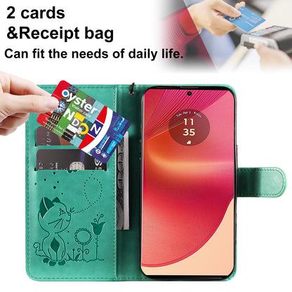 For Motorola Edge 50 Fusion Cat and Bee Embossed Flip Leather Phone Case Wallet Cover with Card Slots Cash Pocket Magnetic Stand Protective Shockproof TPU PU Leather Case with Wrist Strap