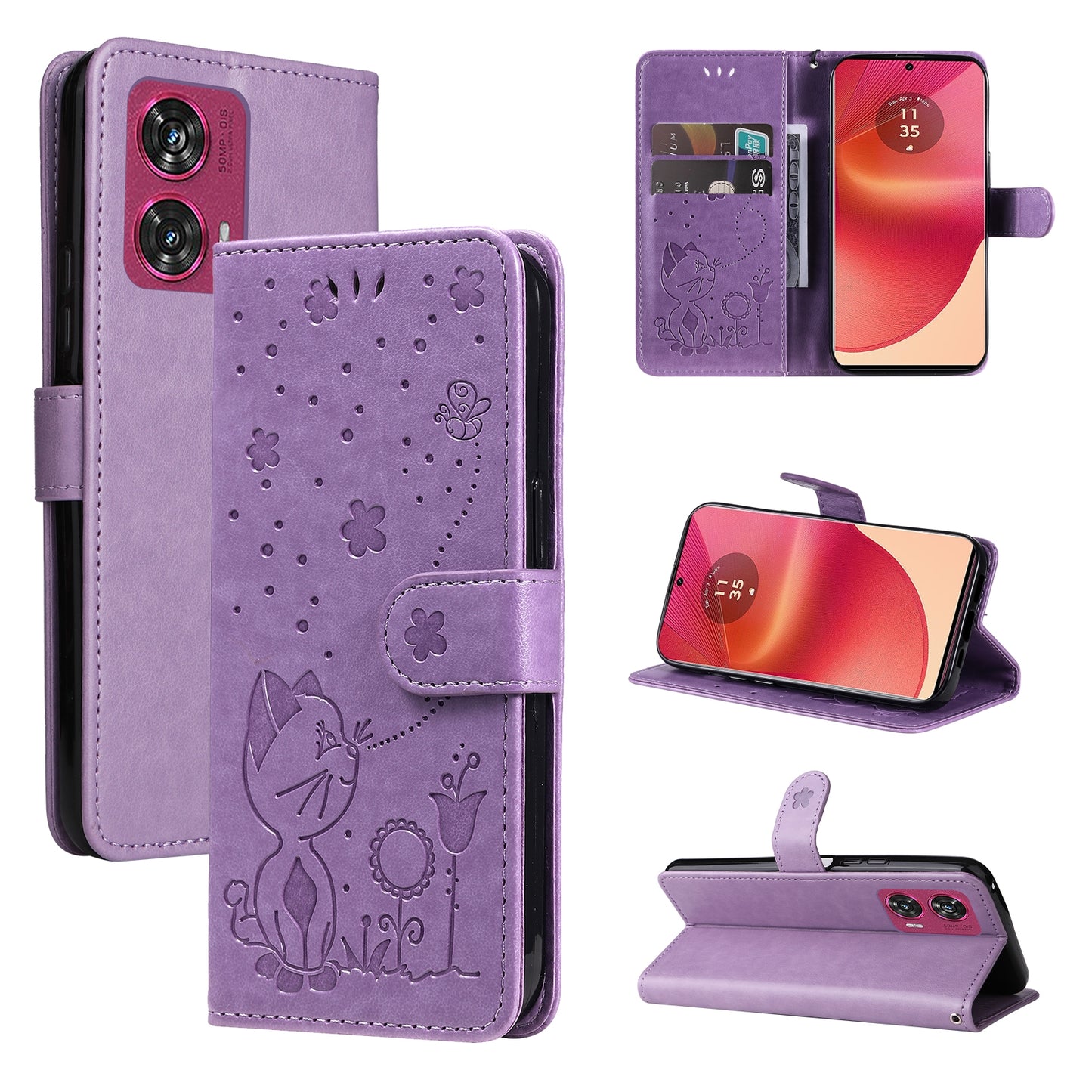 For Motorola Edge 50 Fusion Cat and Bee Embossed Flip Leather Phone Case Wallet Cover with Card Slots Cash Pocket Magnetic Stand Protective Shockproof TPU PU Leather Case with Wrist Strap
