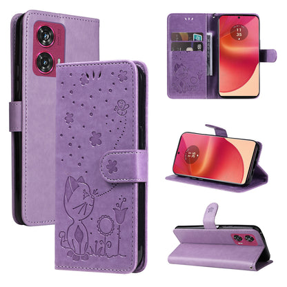 For Motorola Edge 50 Fusion Cat and Bee Embossed Flip Leather Phone Case Wallet Cover with Card Slots Cash Pocket Magnetic Stand Protective Shockproof TPU PU Leather Case with Wrist Strap