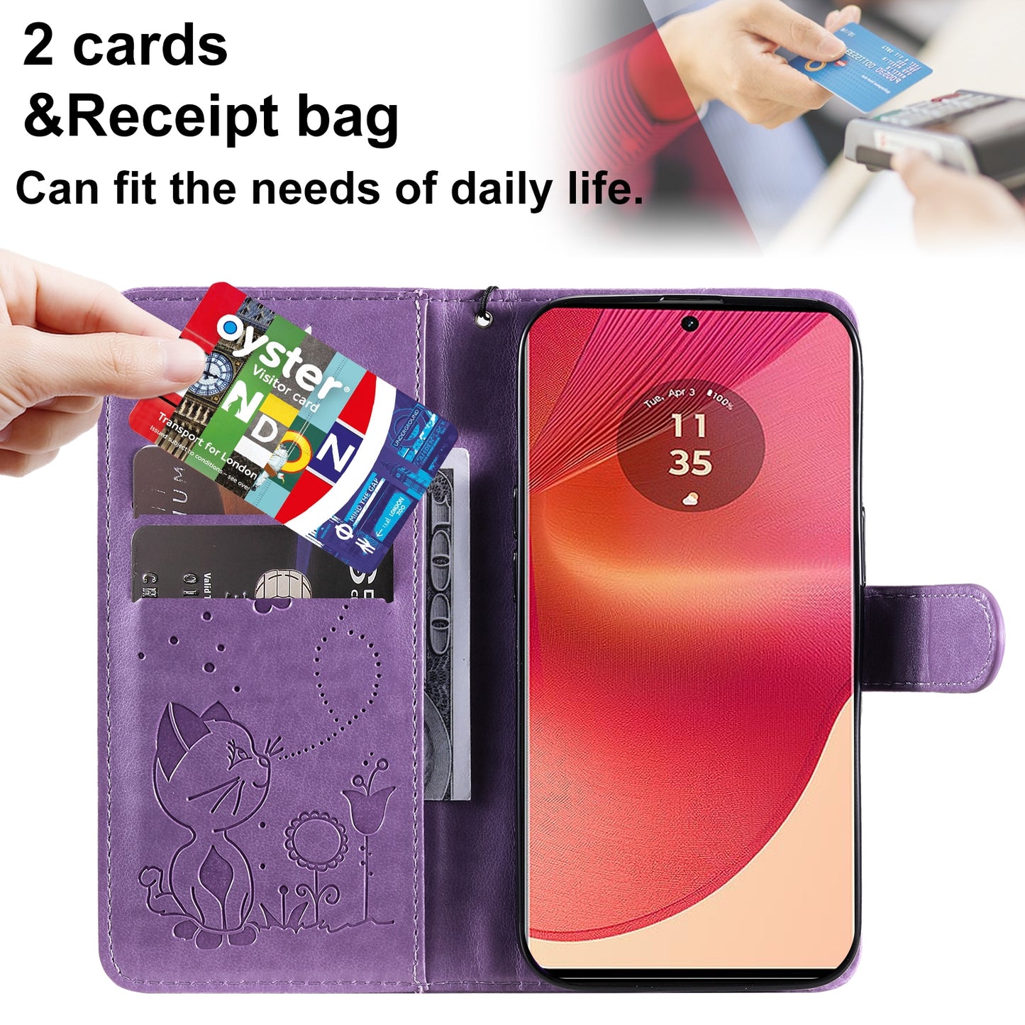 For Motorola Edge 50 Fusion Cat and Bee Embossed Flip Leather Phone Case Wallet Cover with Card Slots Cash Pocket Magnetic Stand Protective Shockproof TPU PU Leather Case with Wrist Strap