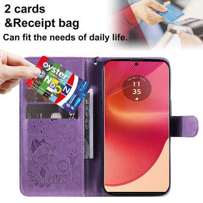 For Motorola Edge 50 Fusion Cat and Bee Embossed Flip Leather Phone Case Wallet Cover with Card Slots Cash Pocket Magnetic Stand Protective Shockproof TPU PU Leather Case with Wrist Strap