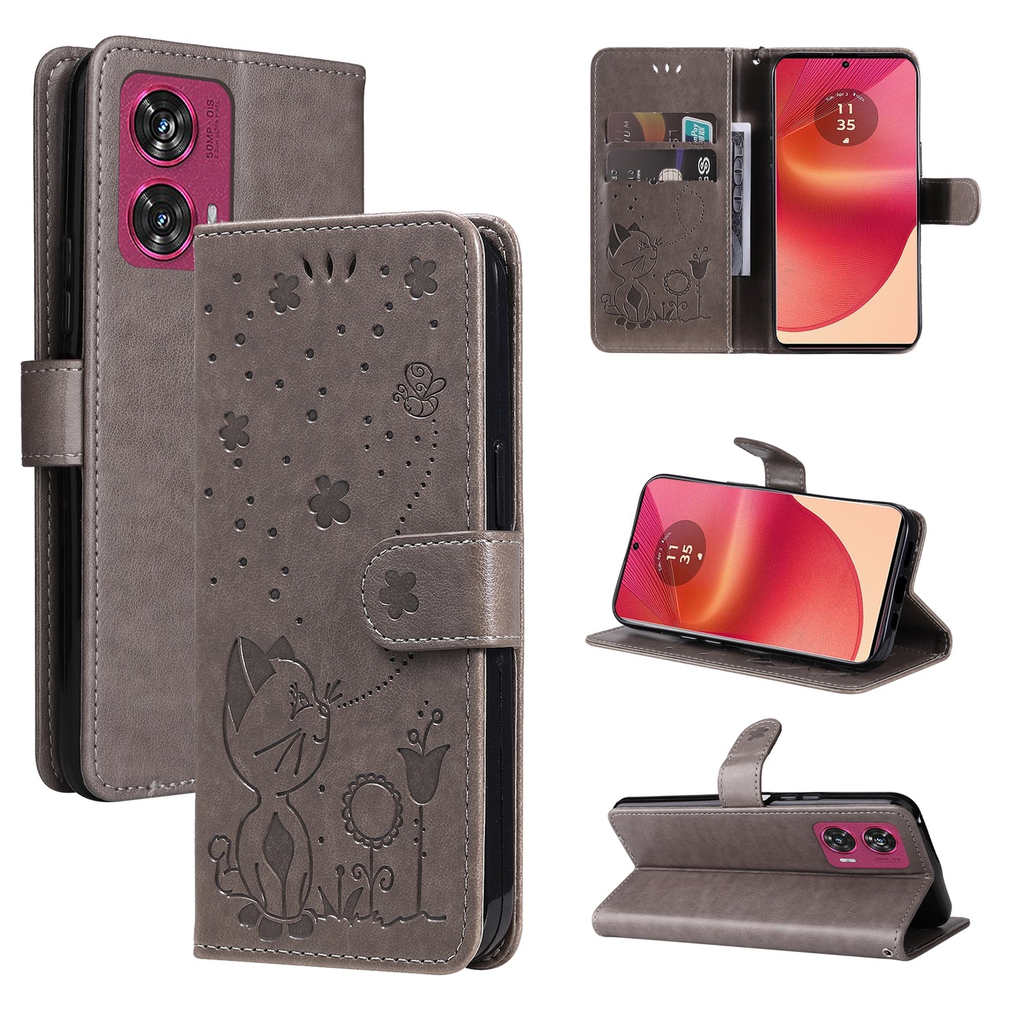 For Motorola Edge 50 Fusion Cat and Bee Embossed Flip Leather Phone Case Wallet Cover with Card Slots Cash Pocket Magnetic Stand Protective Shockproof TPU PU Leather Case with Wrist Strap