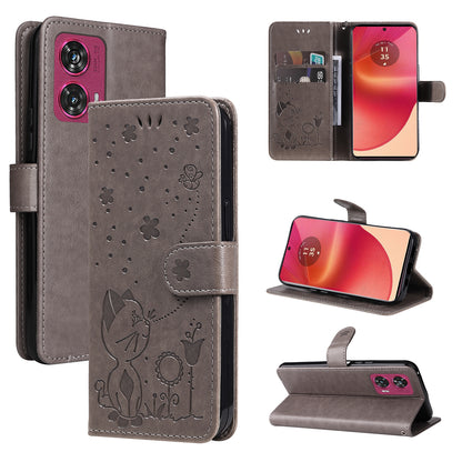For Motorola Edge 50 Fusion Cat and Bee Embossed Flip Leather Phone Case Wallet Cover with Card Slots Cash Pocket Magnetic Stand Protective Shockproof TPU PU Leather Case with Wrist Strap