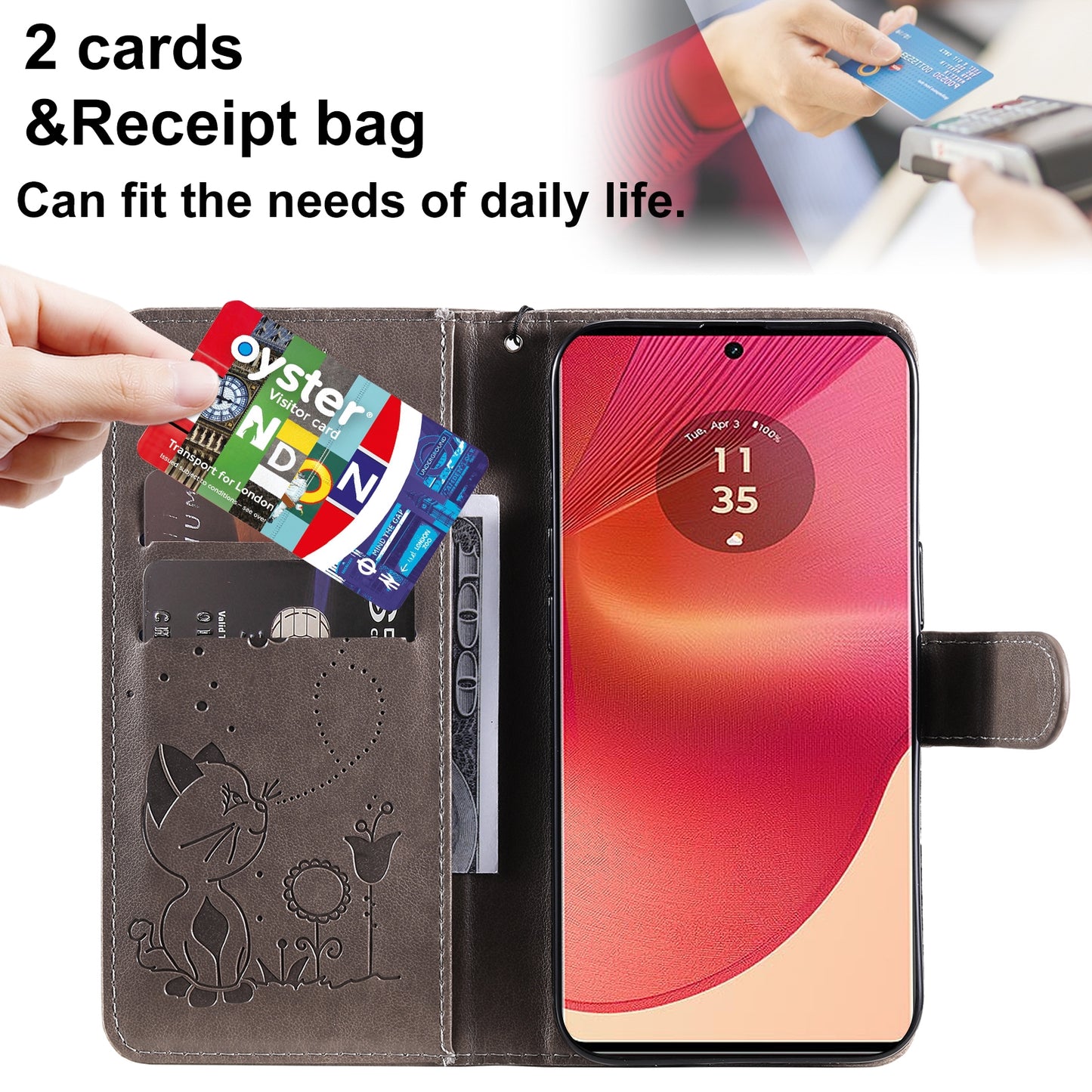 For Motorola Edge 50 Fusion Cat and Bee Embossed Flip Leather Phone Case Wallet Cover with Card Slots Cash Pocket Magnetic Stand Protective Shockproof TPU PU Leather Case with Wrist Strap