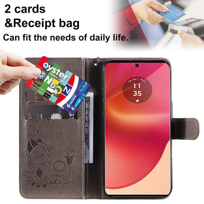 For Motorola Edge 50 Fusion Cat and Bee Embossed Flip Leather Phone Case Wallet Cover with Card Slots Cash Pocket Magnetic Stand Protective Shockproof TPU PU Leather Case with Wrist Strap