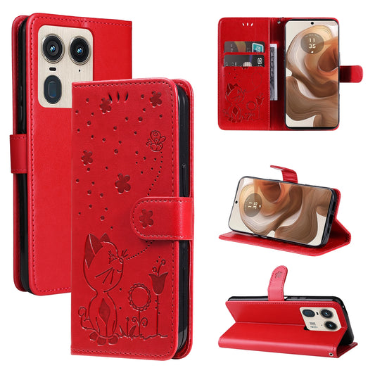For Motorola Edge 50 Ultra Cat and Bee Embossed Flip Leather Phone Case Wallet Cover with Card Slots Cash Pocket Magnetic Stand Protective Shockproof TPU PU Leather Case with Wrist Strap