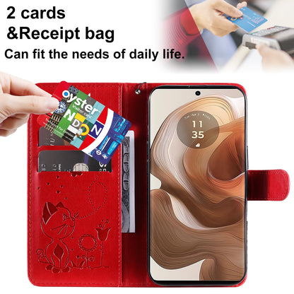 For Motorola Edge 50 Ultra Cat and Bee Embossed Flip Leather Phone Case Wallet Cover with Card Slots Cash Pocket Magnetic Stand Protective Shockproof TPU PU Leather Case with Wrist Strap