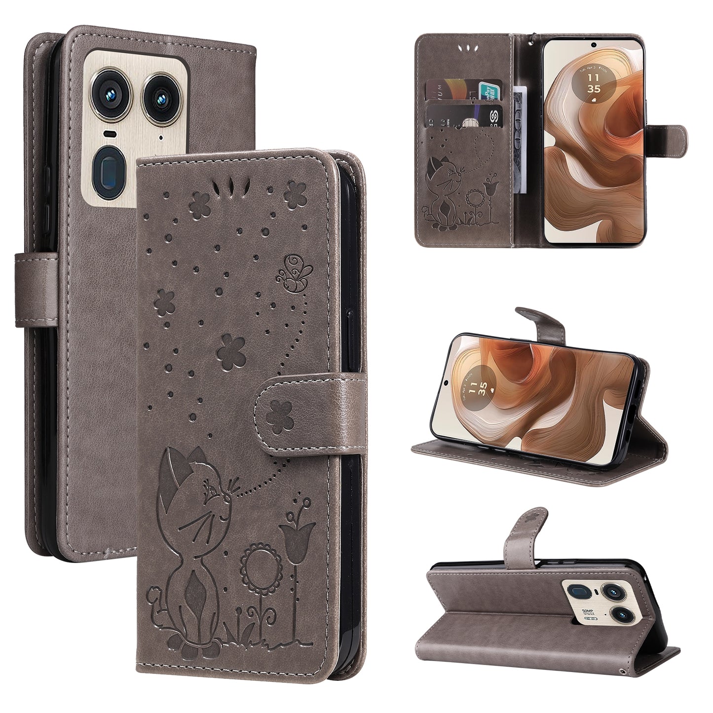For Motorola Edge 50 Ultra Cat and Bee Embossed Flip Leather Phone Case Wallet Cover with Card Slots Cash Pocket Magnetic Stand Protective Shockproof TPU PU Leather Case with Wrist Strap