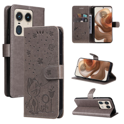 For Motorola Edge 50 Ultra Cat and Bee Embossed Flip Leather Phone Case Wallet Cover with Card Slots Cash Pocket Magnetic Stand Protective Shockproof TPU PU Leather Case with Wrist Strap