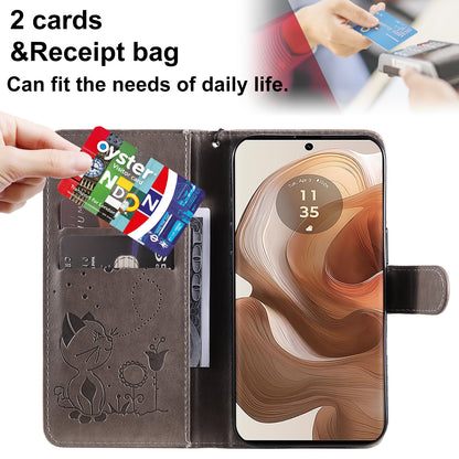 For Motorola Edge 50 Ultra Cat and Bee Embossed Flip Leather Phone Case Wallet Cover with Card Slots Cash Pocket Magnetic Stand Protective Shockproof TPU PU Leather Case with Wrist Strap