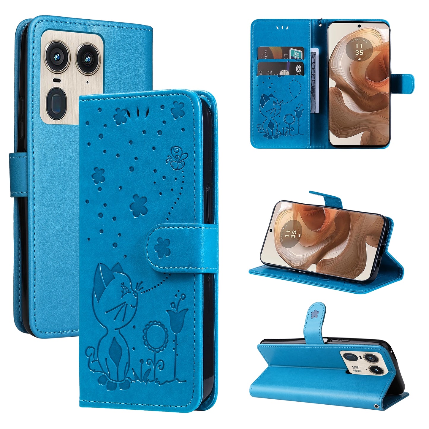 For Motorola Edge 50 Ultra Cat and Bee Embossed Flip Leather Phone Case Wallet Cover with Card Slots Cash Pocket Magnetic Stand Protective Shockproof TPU PU Leather Case with Wrist Strap
