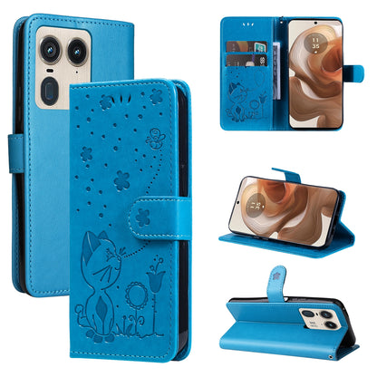 For Motorola Edge 50 Ultra Cat and Bee Embossed Flip Leather Phone Case Wallet Cover with Card Slots Cash Pocket Magnetic Stand Protective Shockproof TPU PU Leather Case with Wrist Strap