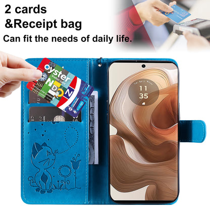 For Motorola Edge 50 Ultra Cat and Bee Embossed Flip Leather Phone Case Wallet Cover with Card Slots Cash Pocket Magnetic Stand Protective Shockproof TPU PU Leather Case with Wrist Strap