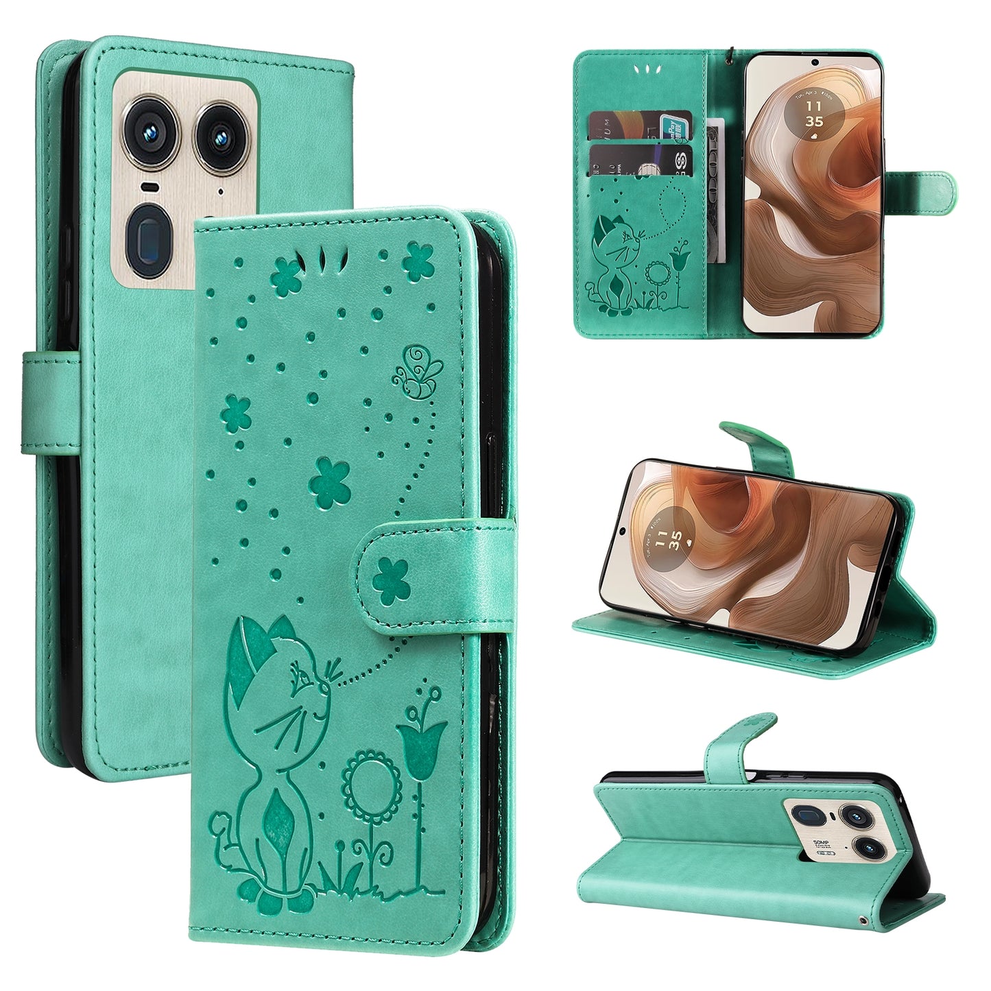 For Motorola Edge 50 Ultra Cat and Bee Embossed Flip Leather Phone Case Wallet Cover with Card Slots Cash Pocket Magnetic Stand Protective Shockproof TPU PU Leather Case with Wrist Strap
