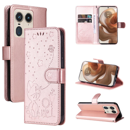 For Motorola Edge 50 Ultra Cat and Bee Embossed Flip Leather Phone Case Wallet Cover with Card Slots Cash Pocket Magnetic Stand Protective Shockproof TPU PU Leather Case with Wrist Strap
