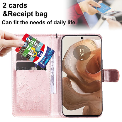 For Motorola Edge 50 Ultra Cat and Bee Embossed Flip Leather Phone Case Wallet Cover with Card Slots Cash Pocket Magnetic Stand Protective Shockproof TPU PU Leather Case with Wrist Strap
