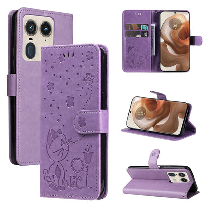 For Motorola Edge 50 Ultra Cat and Bee Embossed Flip Leather Phone Case Wallet Cover with Card Slots Cash Pocket Magnetic Stand Protective Shockproof TPU PU Leather Case with Wrist Strap