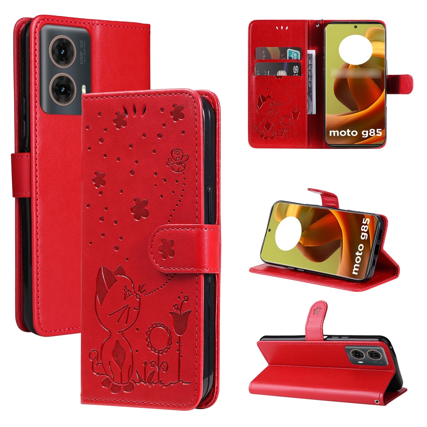 For Motorola Moto G85 Cat and Bee Embossed Flip Leather Phone Case Wallet Cover with Card Slots Cash Pocket Magnetic Stand Protective Shockproof TPU PU Leather Case with Wrist Strap