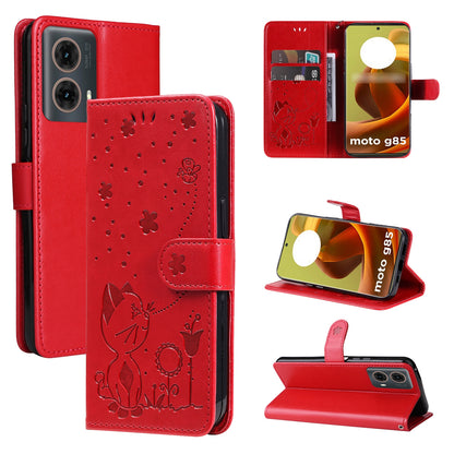 For Motorola Moto G85 Cat and Bee Embossed Flip Leather Phone Case Wallet Cover with Card Slots Cash Pocket Magnetic Stand Protective Shockproof TPU PU Leather Case with Wrist Strap