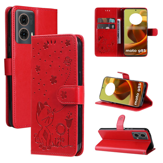 For Motorola Moto G85 Cat and Bee Embossed Flip Leather Phone Case Wallet Cover with Card Slots Cash Pocket Magnetic Stand Protective Shockproof TPU PU Leather Case with Wrist Strap