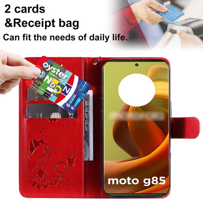 For Motorola Moto G85 Cat and Bee Embossed Flip Leather Phone Case Wallet Cover with Card Slots Cash Pocket Magnetic Stand Protective Shockproof TPU PU Leather Case with Wrist Strap