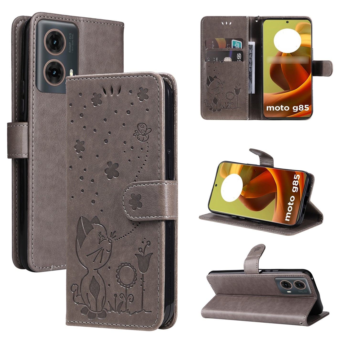 For Motorola Moto G85 Cat and Bee Embossed Flip Leather Phone Case Wallet Cover with Card Slots Cash Pocket Magnetic Stand Protective Shockproof TPU PU Leather Case with Wrist Strap