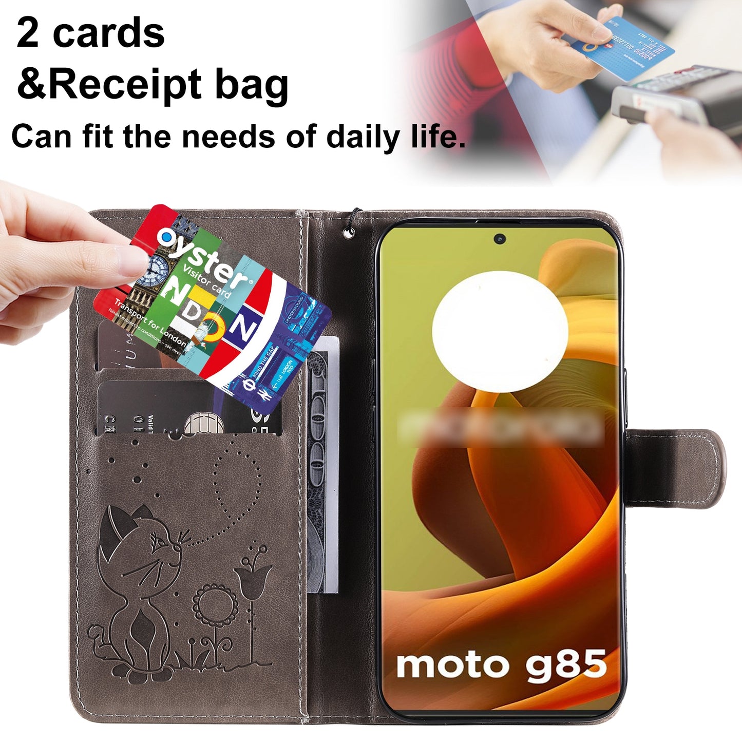 For Motorola Moto G85 Cat and Bee Embossed Flip Leather Phone Case Wallet Cover with Card Slots Cash Pocket Magnetic Stand Protective Shockproof TPU PU Leather Case with Wrist Strap